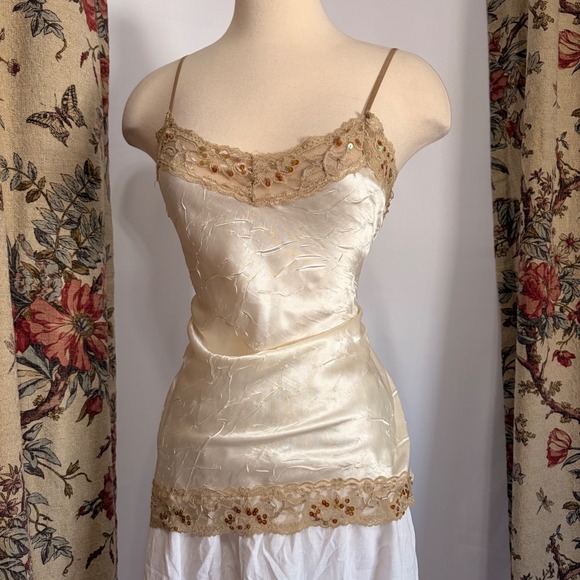 No Boundaries Tops - No Boundaries Cream Ivory Satin Crinkle Camisole with gold sequin detailing